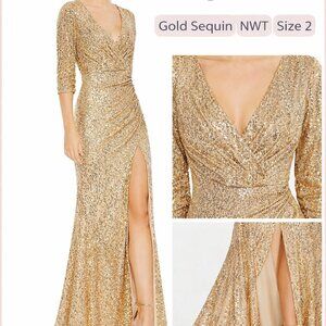 Mac Duggal Ieena Gold Sequin Draped Gown V-Neck 3/4 Sleeve Slit NWT Size 2